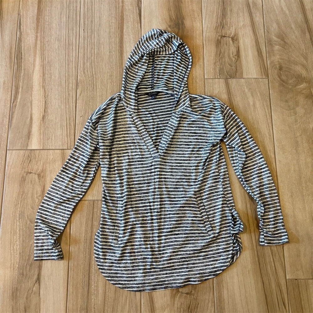Banana Republic Sweater Womens S Navy White Striped Hooded V-Neck Pullover
